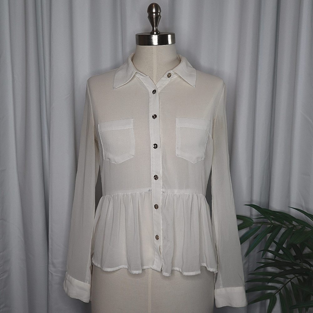 Sheer Peplum Babydoll Button-Up Blouse
